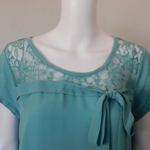 LC Lauren Conrad Womens Bow Front Laced Short Sleeved Blouse Light Blue/Green XL - Picture 9 of 10